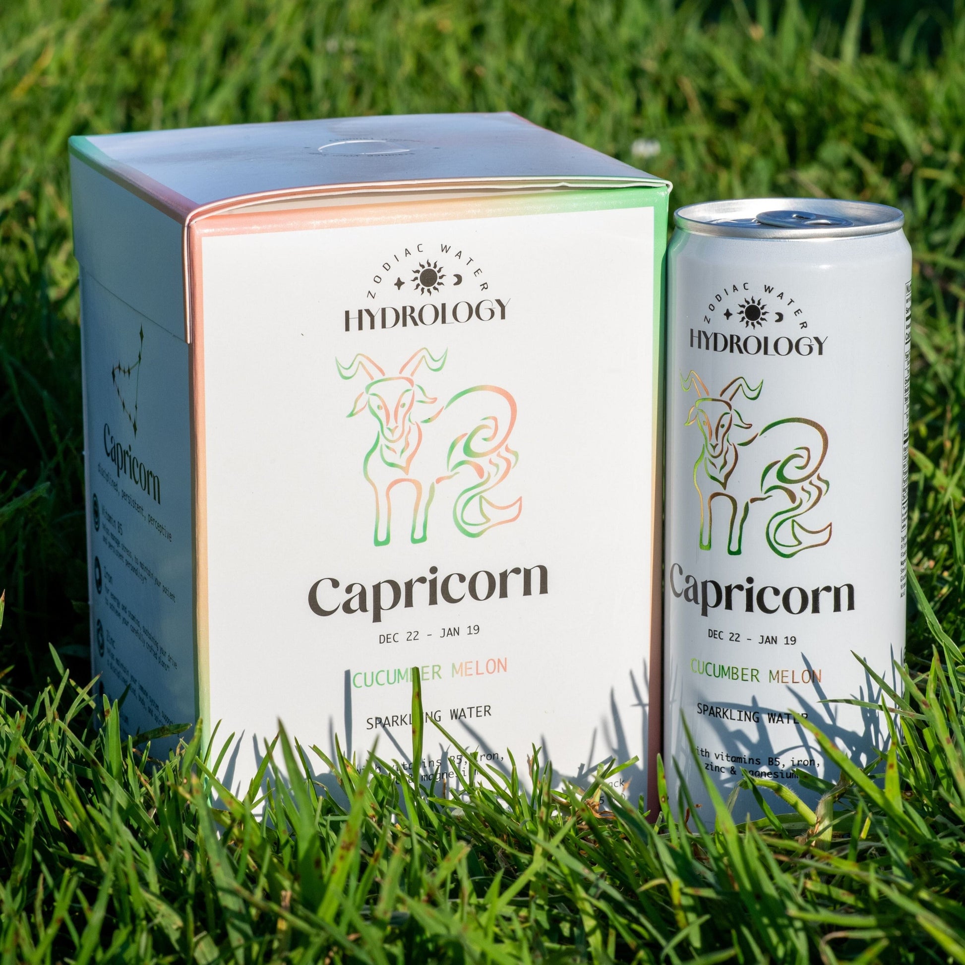 Capricorn astrology themed beverage 4-pack and can in grass