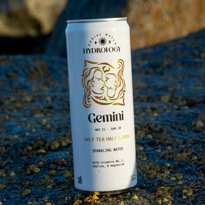 Gemini astrology themed beverage on a rock at the beach