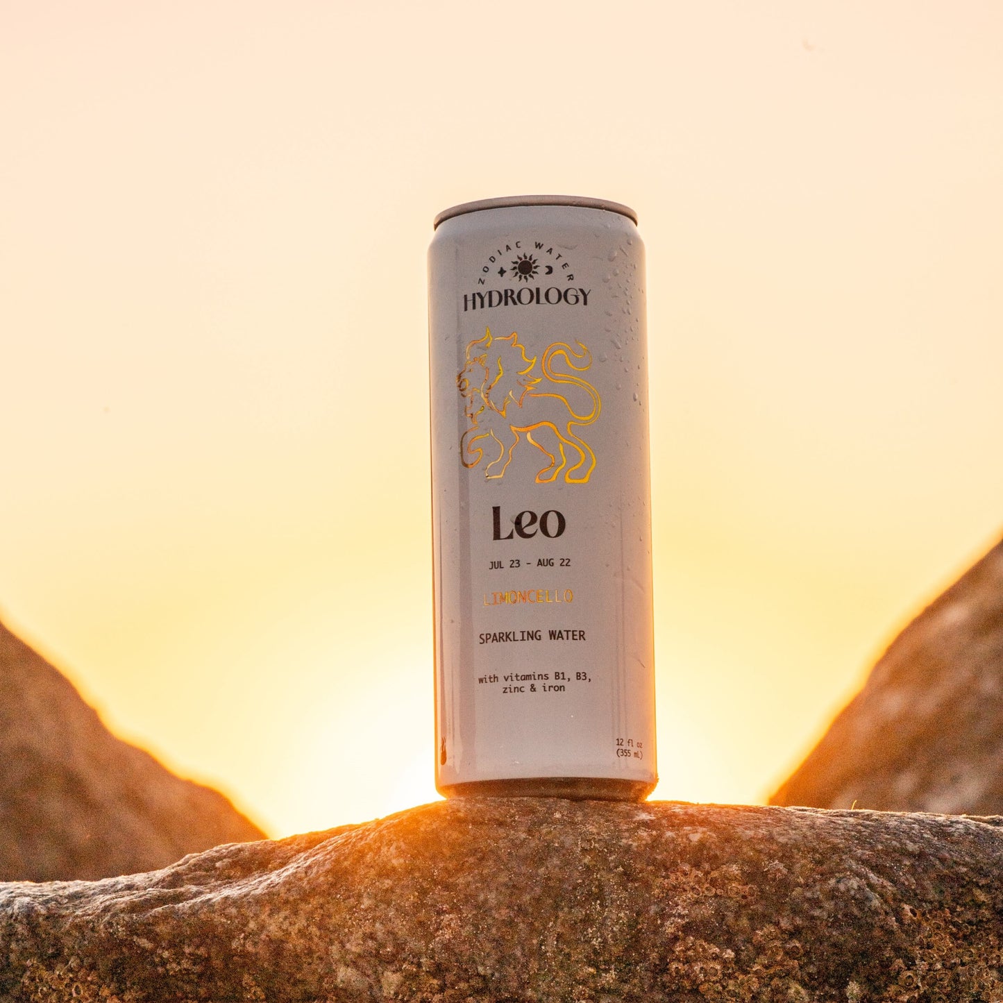 Leo astrology themed beverage on rock at beach during sunset