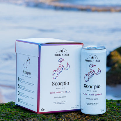 Scorpio astrology themed beverage 4-pack and can on rock at beach