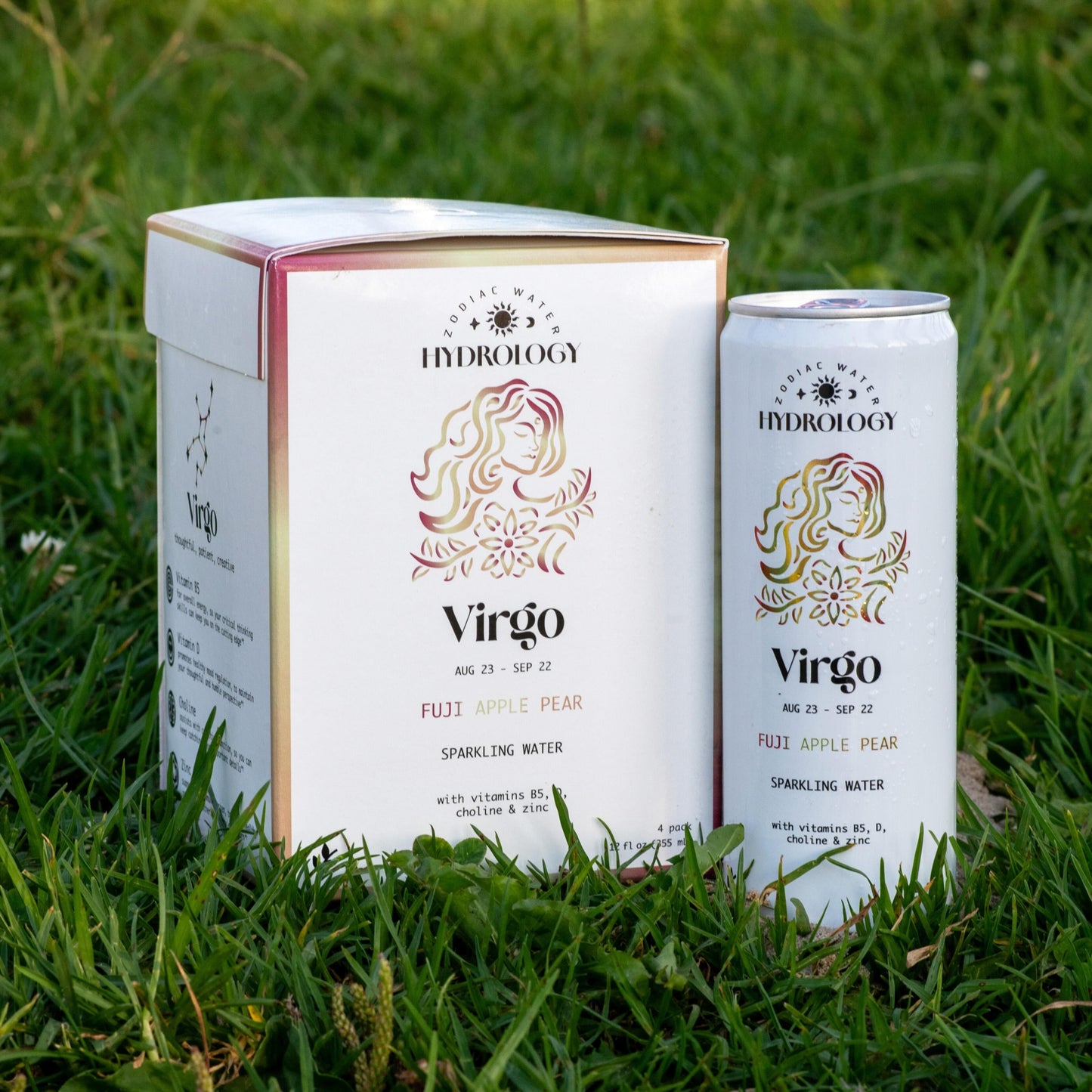 Virgo astrology themed beverage 4-pack and can in grass